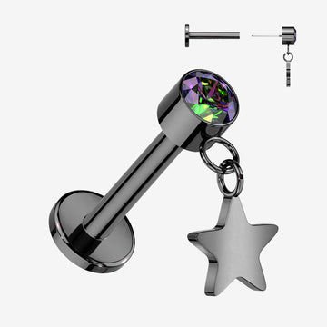 Implant Grade Titanium OneFit Threadless Blackline Sparkle Dangle Star Top Flat Back Labret-Vitrail Medium